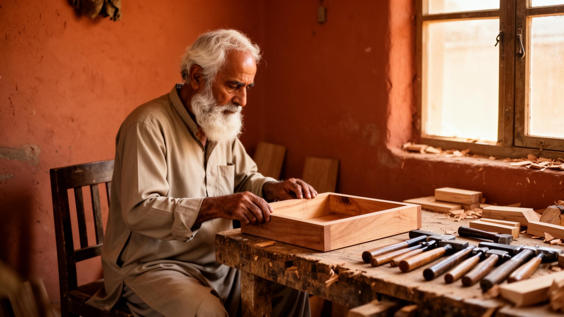 Pakistani village carpenter crafting furniture in his workshop
