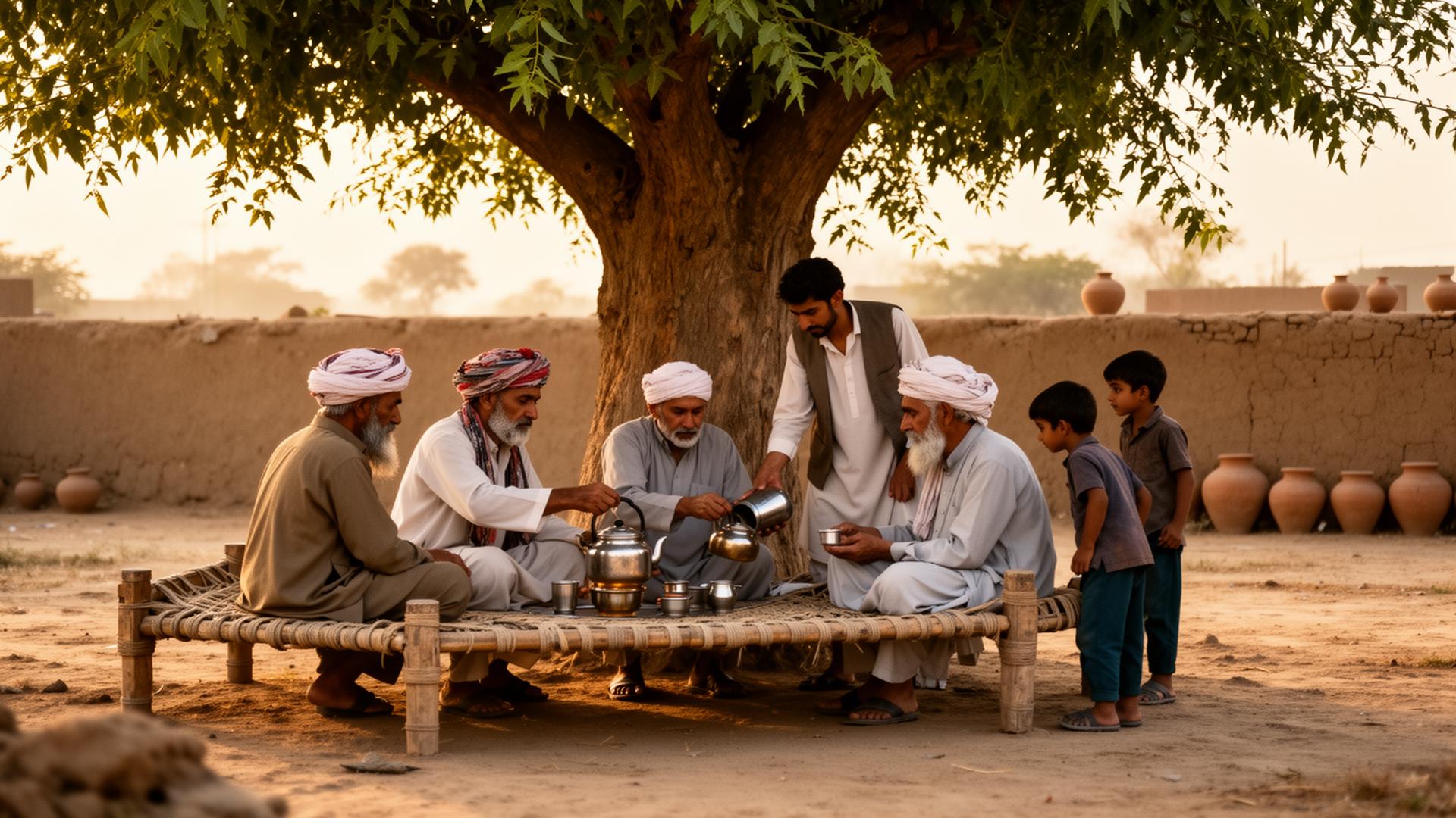 Pakistani village elders sharing tea under a tree