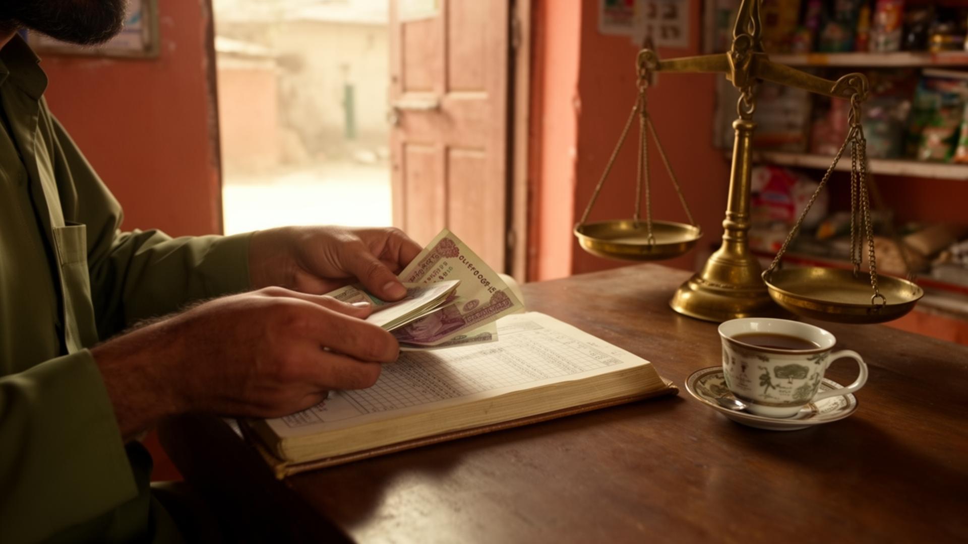 Pakistani shopkeeper counting earnings over a ledger book