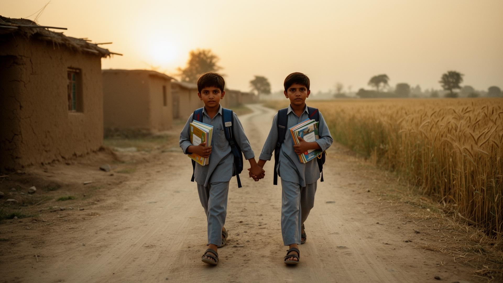Two Pakistani schoolboys walking to school at dawn